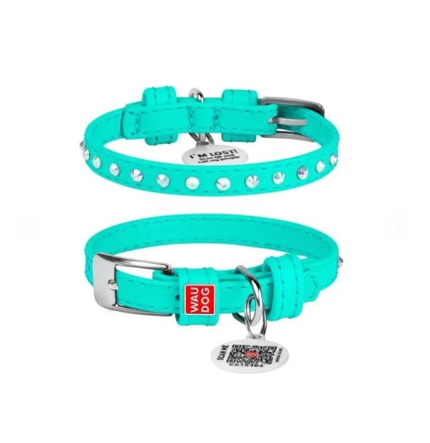 325213 Нашийник WAUDOG Glamour з QR-паспортом шкіряний з клей.стразами Ш 9мм Д 19-25см ментоловий