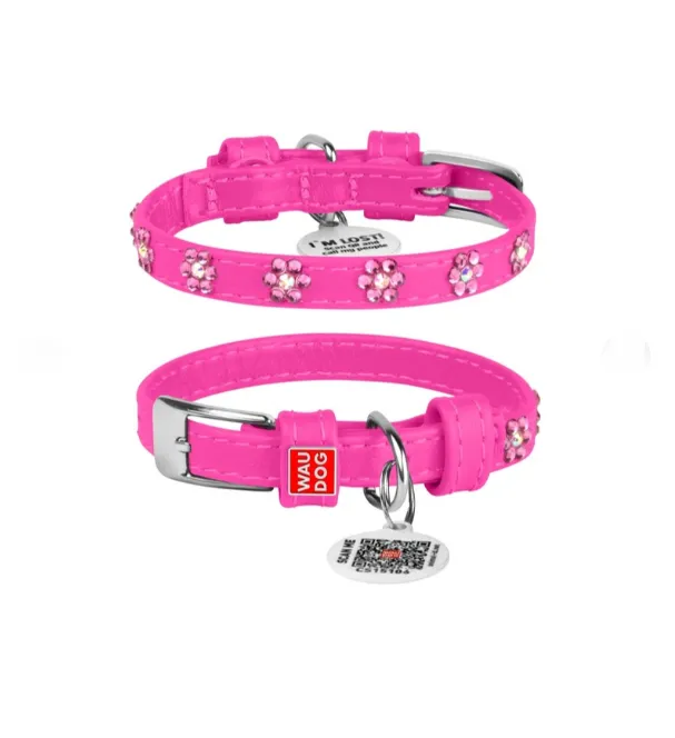 32537 Нашийник WAUDOG Glamour з QR-паспортом з клей. стразами "Квіти" Ш 9мм Д 19-25см рожевий