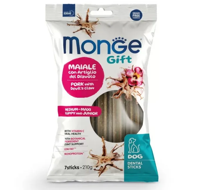 Ласощі для собак Monge Gift Medium-Maxi Puppy Dental sticks Pork/Devil's claw свинина 210г