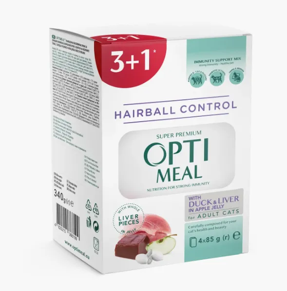 Optimeal+ пауч 85г Набір №6 для виведення шерсті качка та печінка (3+1)