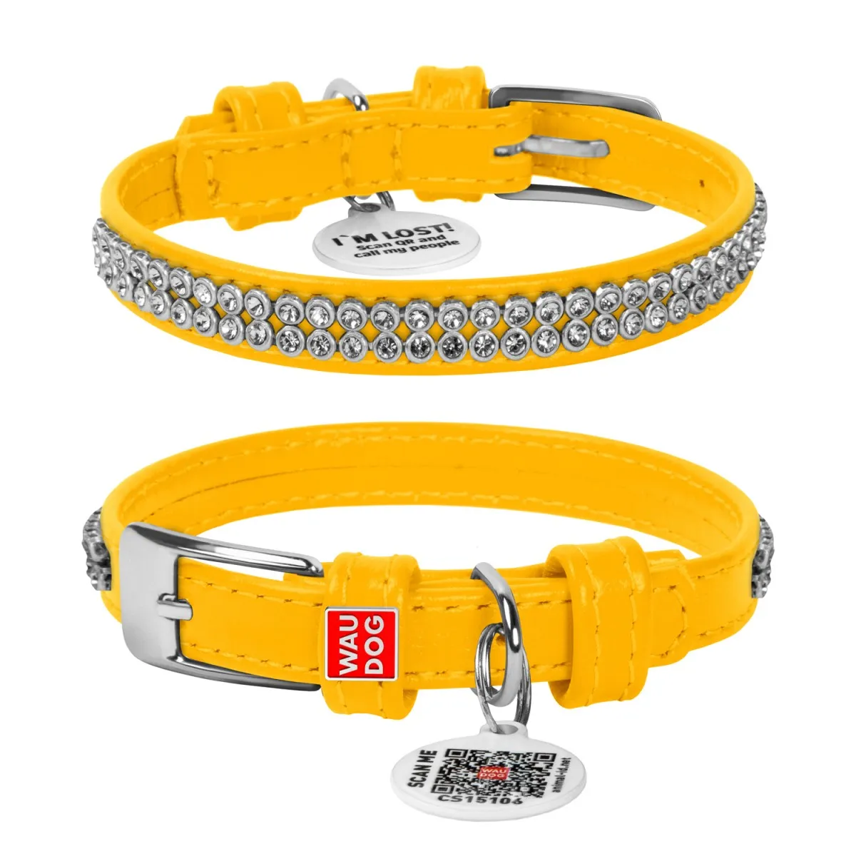 33088 Нашийник WAUDOG Glamour з QR паспортом з прикрасою "Полотно стрази" Ш 12мм Д 21-29см жовтий