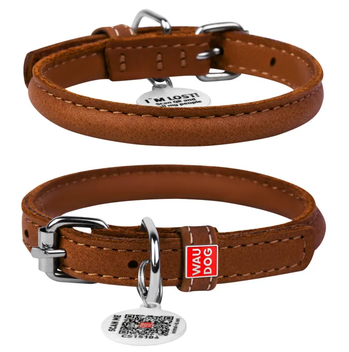 75186 Нашийник WAUDOG Soft з QR паспортом, круглий, шкіряний L  Д 13мм  Дов 55см, коричневий