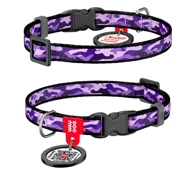 5231 Нашийник WAUDOG Nylon з QR паспортом, малюнок "Фіолетовий камо", пласт. фастекс Ш 10мм Д 20-30см