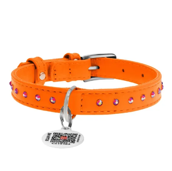32684 Нашийник WAUDOG Glamour з QR паспортом, з клей. стразами Ш 12мм Д 21-29см помаранчевий