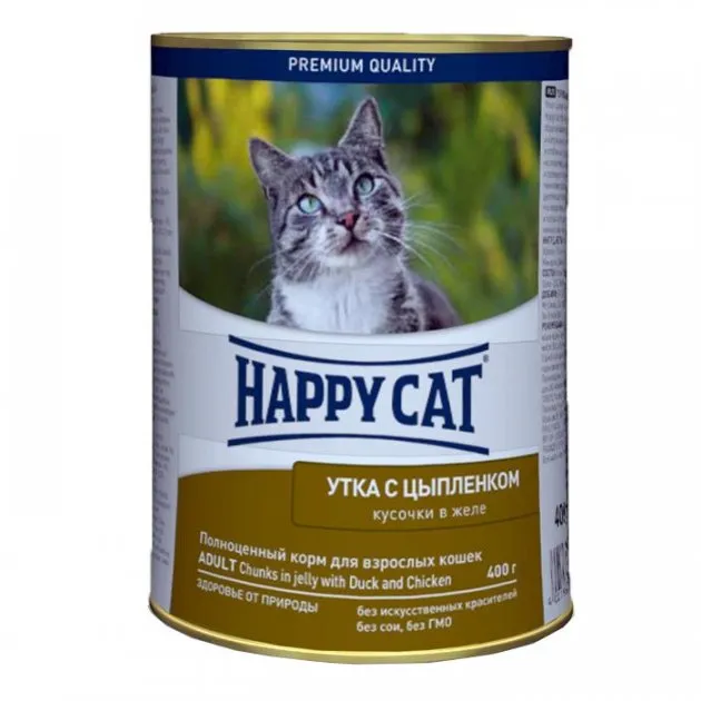 1002422 Happy Cat 400г консервований корм для котів з качкою та курчам в желе