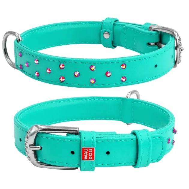 327813 Нашийник "CoLLaR GLAMOUR" шкіряний з клейк.стразами (шир.20мм, довж.30-39см) ментоловий
