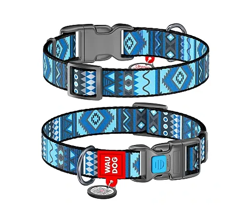 4585 Нашийник WAUDOG Nylon з QR паспортом, малюнок "Етно синій", пласт. фастекс Ш 25мм Д 37-58см