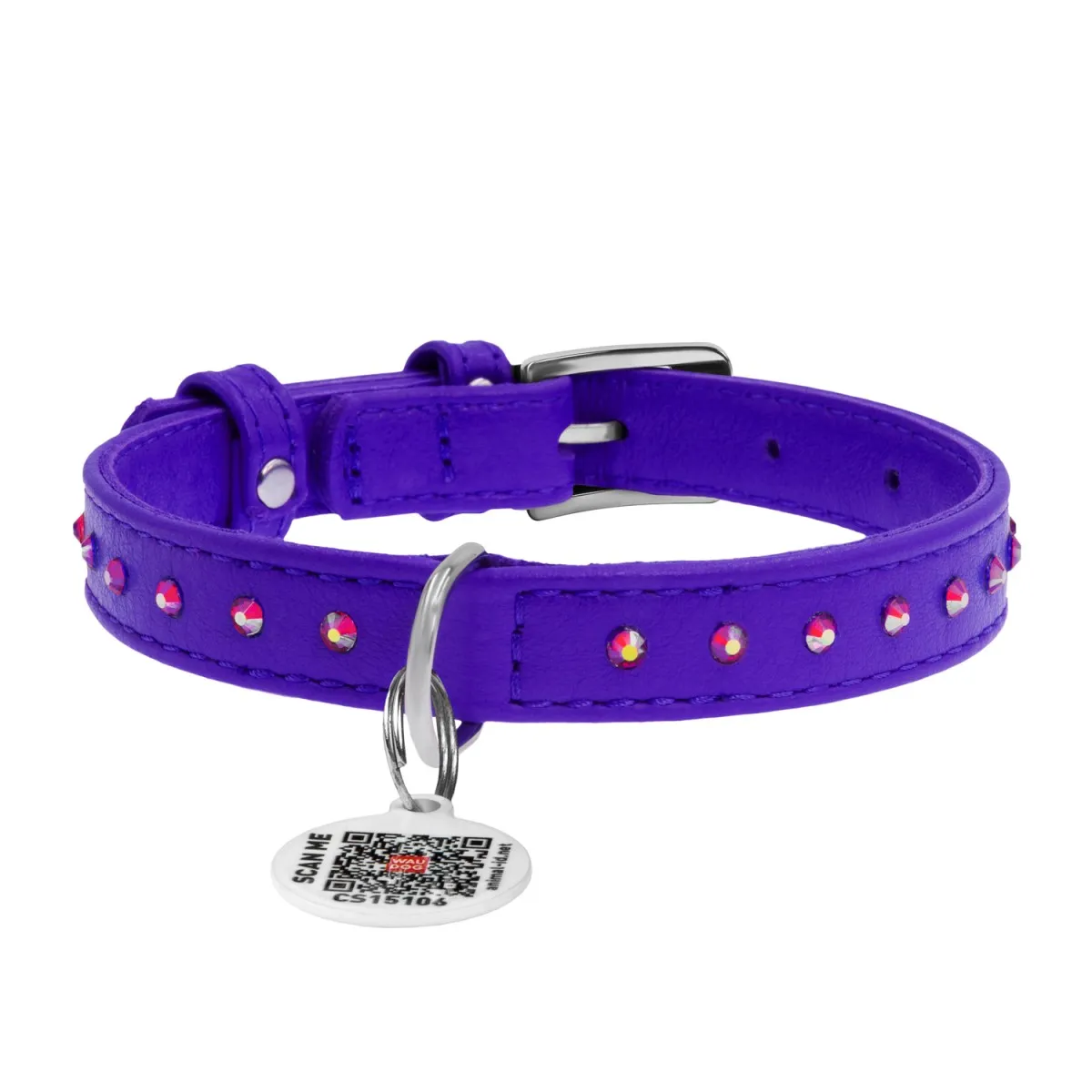 32689 Нашийник WAUDOG Glamour з QR-паспортом з клей. стразами Ш 12мм Д 21-29мм фіолетовий
