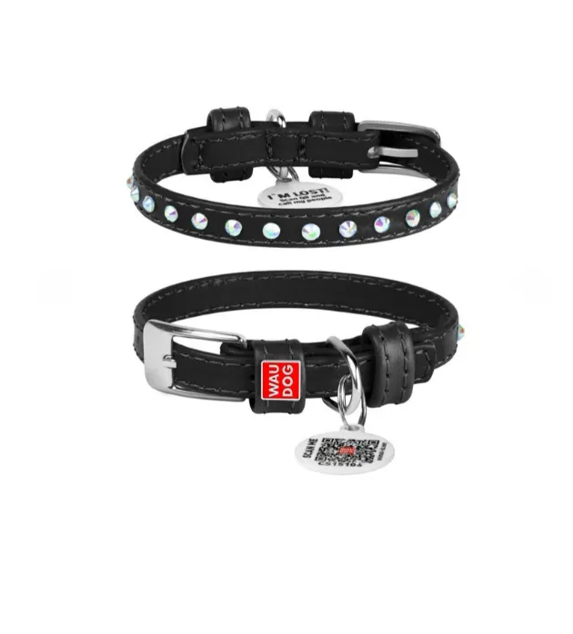 32521 Нашийник WAUDOG Glamour з QR-паспортом з клей. стразами Ш 9мм Д 19-25см чорний