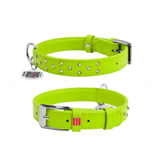 32685 Нашийник WAUDOG GLAMOUR з QR паспортом, з клей. стразами Ш 12мм, Д 21-29см салатовий