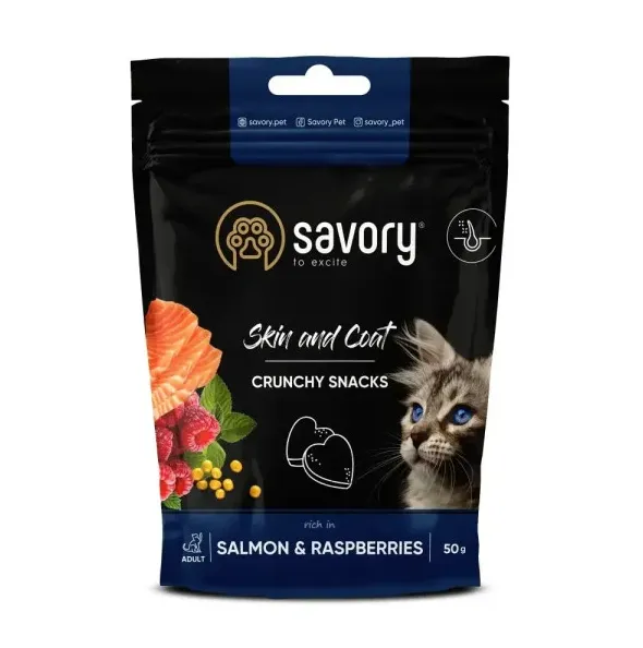 Хрусткі ласощі для котів Savory для здоров'я шкіри та шерсті, лосось/малина 31386
