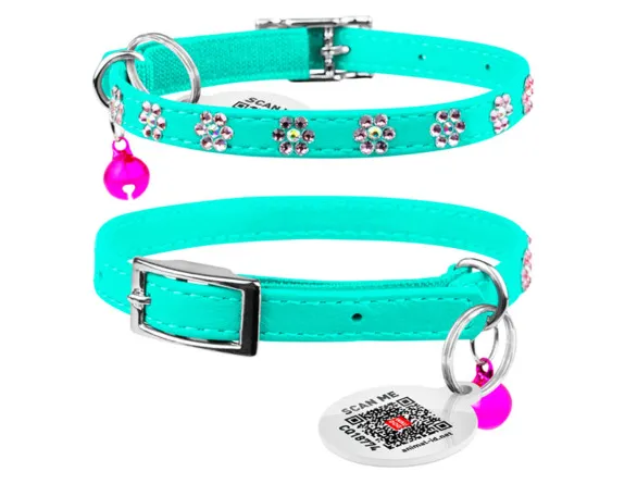 325313 Нашийник WAUDOG Glamour з QR паспортом, з клей. стразами "Квіти" Ш 9мм Д 19-25см ментоловий