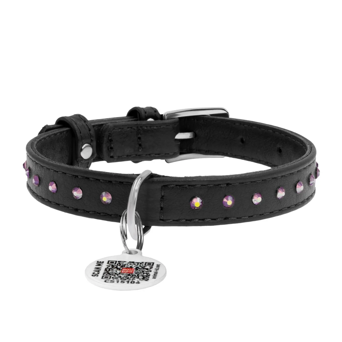 32521 Нашийник WAUDOG Glamour з QR-паспортом з клей. стразами Ш 9мм Д 19-25см чорний