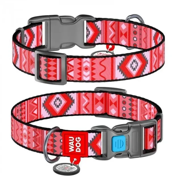 4666 Нашийник WAUDOG Nylon з QR паспортом, малюнок "Етно червоний", пласт. фастекс М 20мм Д 24-40см