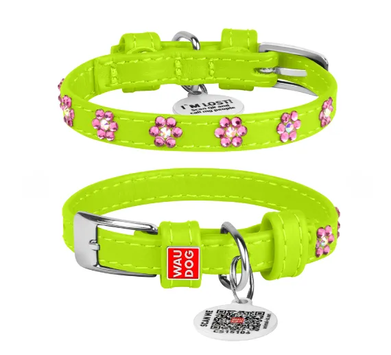 32535 Нашийник WAUDOG Glamour з QR паспортом, з клей. стразами "Квіти" Ш 9мм Д 19-25см салатовий
