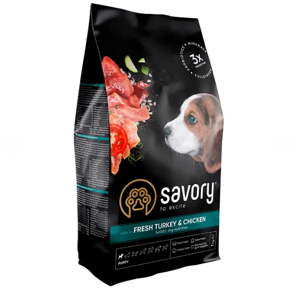 Savory сухий корм для цуценят усіх порід, індик/курка 1кг 30303