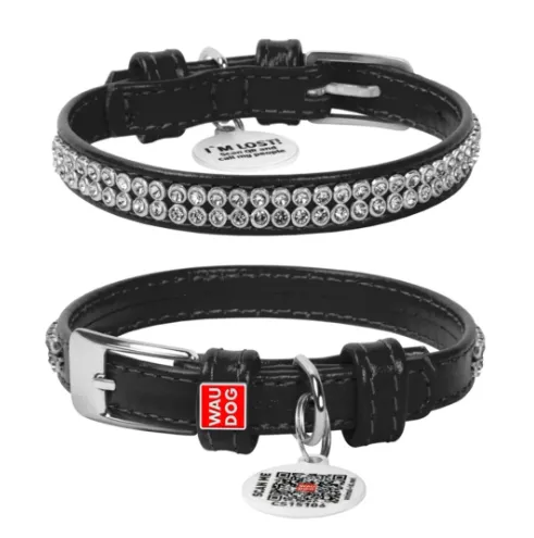 33071 Нашийник WAUDOG Glamour з QR паспортом, з прикрасою "Полотно стрази" Ш 9мм Д 19-25см чорний