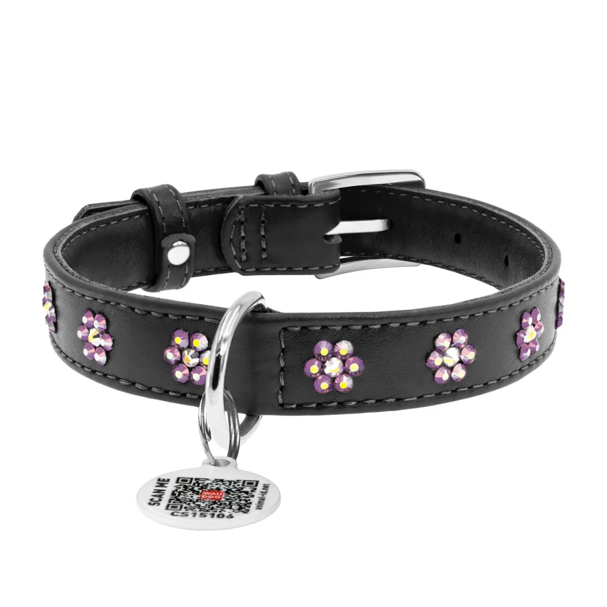 32531 Нашийник WAUDOG Glamour з QR-паспортом з клей. стразами "Квіти" Ш 9мм. Д 19-25см чорний