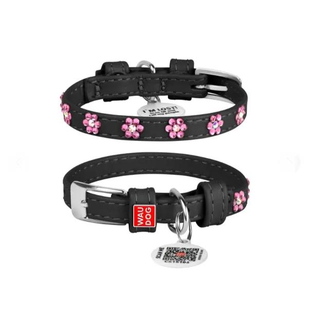 32531 Нашийник WAUDOG Glamour з QR-паспортом з клей. стразами "Квіти" Ш 9мм. Д 19-25см чорний