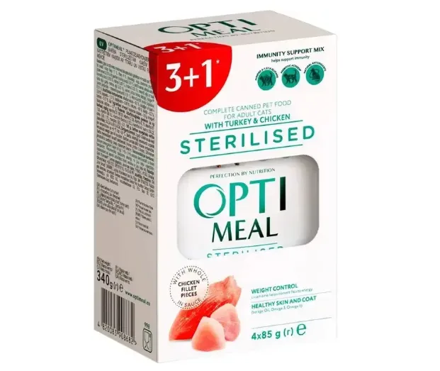 Optimeal+ пауч 85г для стерилізованих котів індик та курка в соусі (3+1)