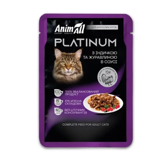 Animall Platinum Пауч для котів, індик та журавлина в соусі 85г