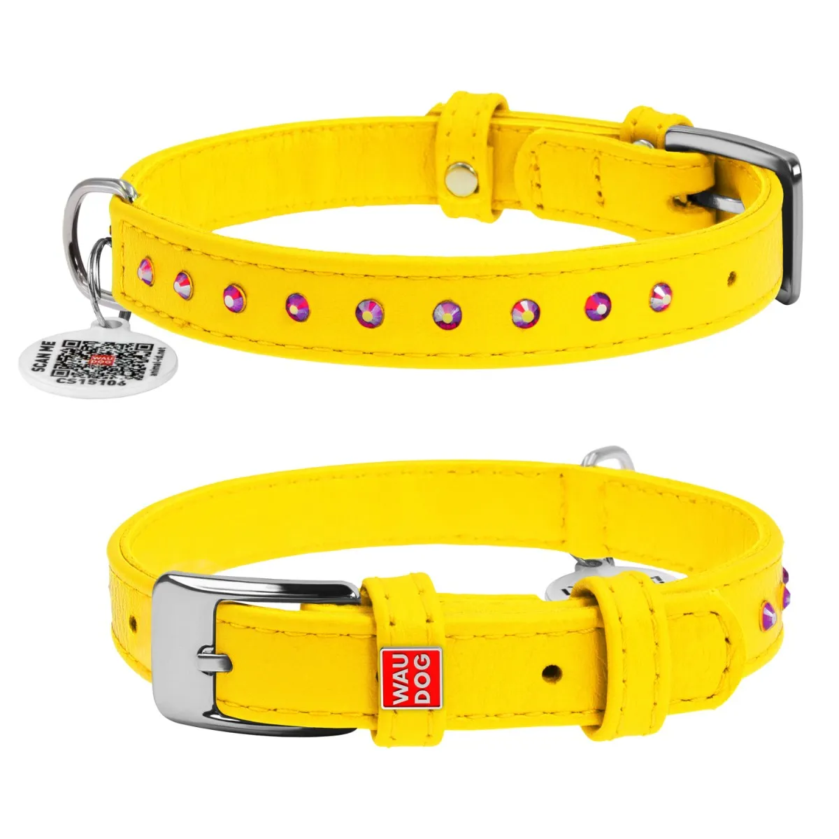 32688 Нашийник WAUDOG GLAMOUR з QR паспортом, з клей. стразами Ш 12мм, Д 21-29см жовтий