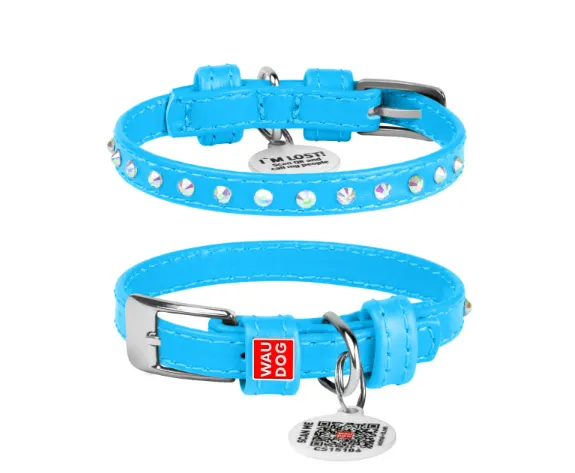 32772 Нашийник WAUDOG Glamour з QR-паспортом, з клей. стразами Ш 15мм Д 27-36см блакитний