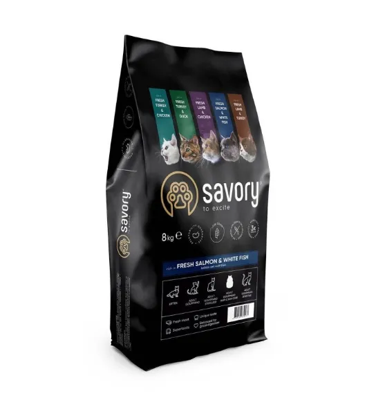 Savory сухий корм для котів з довгою шерстю лосось/біла риба 1кг 30037