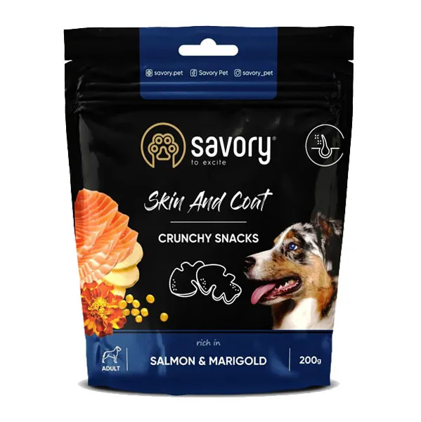 Хрусткі ласощі Savory для здоров'я шкіри та шерсті собак, лосось/чорнобривці 200g 31355