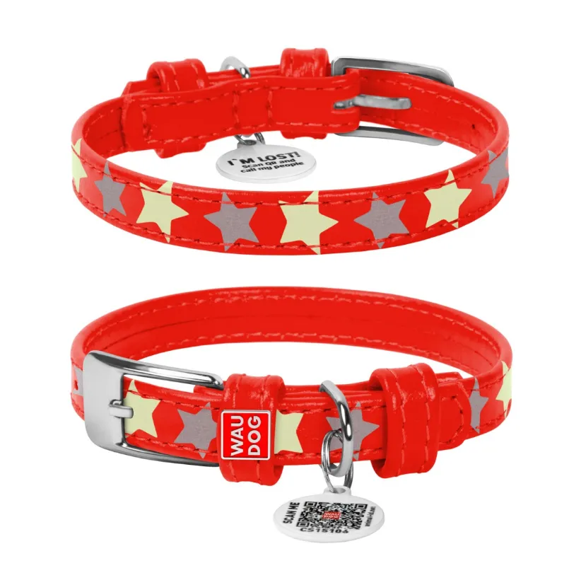 35853 Нашийник WAUDOG GLAMOUR з QR паспортом, візерунок "Зірочка", світлонакоп. Ш.15мм, Д.27-36см) червоний
