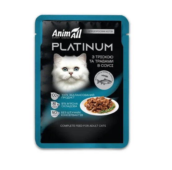 Animall Platinum Пауч для котів, тріска та трави в соусі 85г