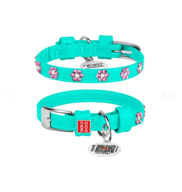 326913 Нашийник WAUDOG Glamour з QR-паспортом, з клей. стразами "Квіти" Ш 12мм Д 18-21см ментоловий