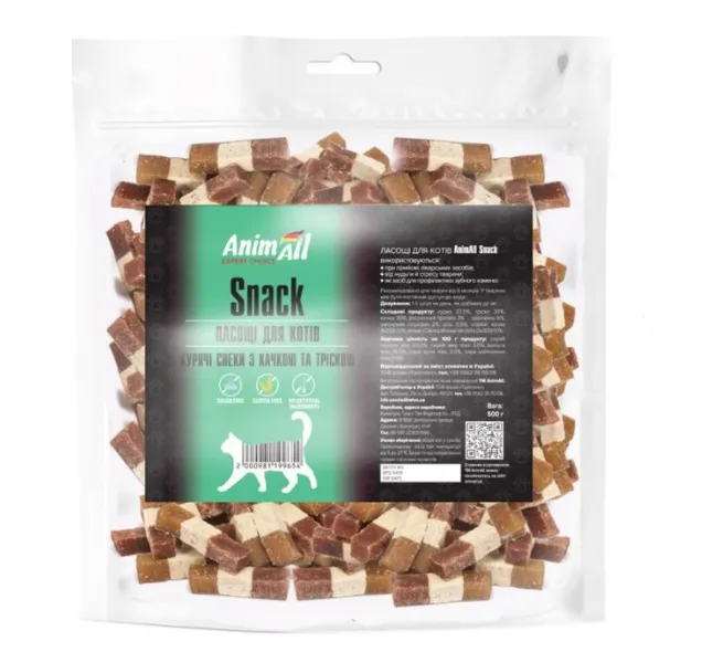 AnimAll Snack курячі снеки з качкою та тріскою для котів 99654