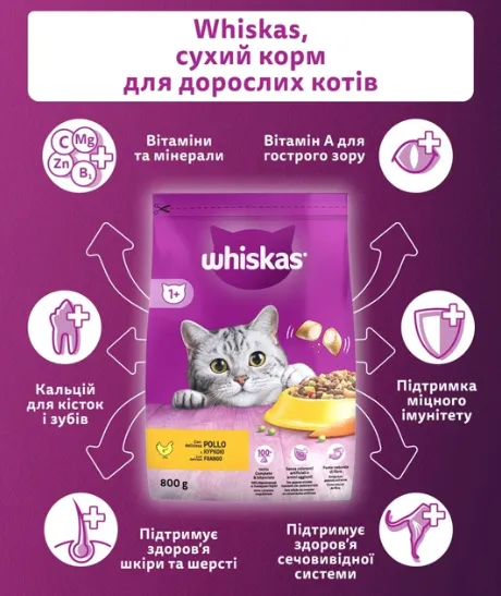 Віскас сухий 800г для дор. котів курка