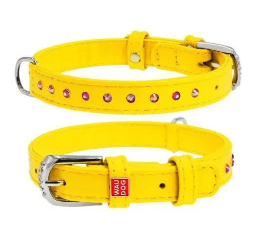 32778 Нашийник WAUDOG Glamour з QR паспортом, з клей. стразами Ш 12мм Д 27-36см жовтий