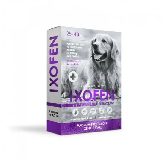 Краплі UNICUM IXOFEN проти іксодових кліщів, бліх та комарів для собак 25-40кг 4мл
