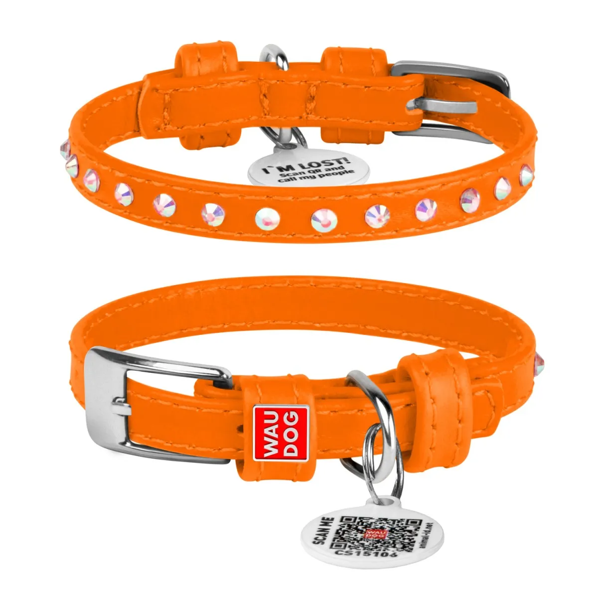 32524 Нашийник WAUDOG GLAMOUR з QR паспортом, з клей. стразами Ш 9мм, Д 19-25см помаранчевий