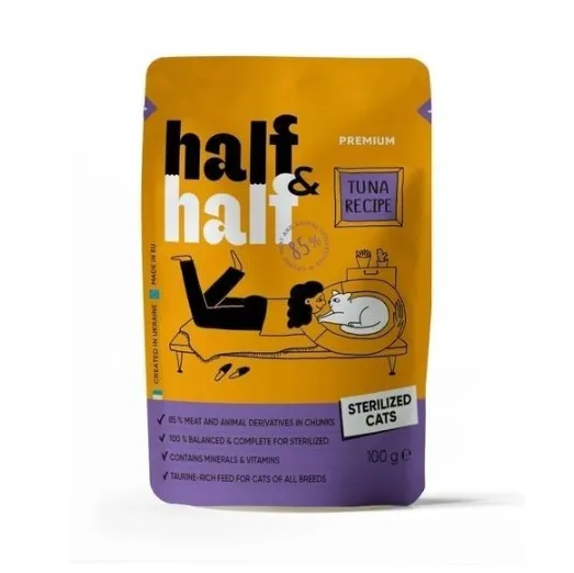 Корм для стерилізованих котів Half&Half шматочки з тунцем в соусі 100г