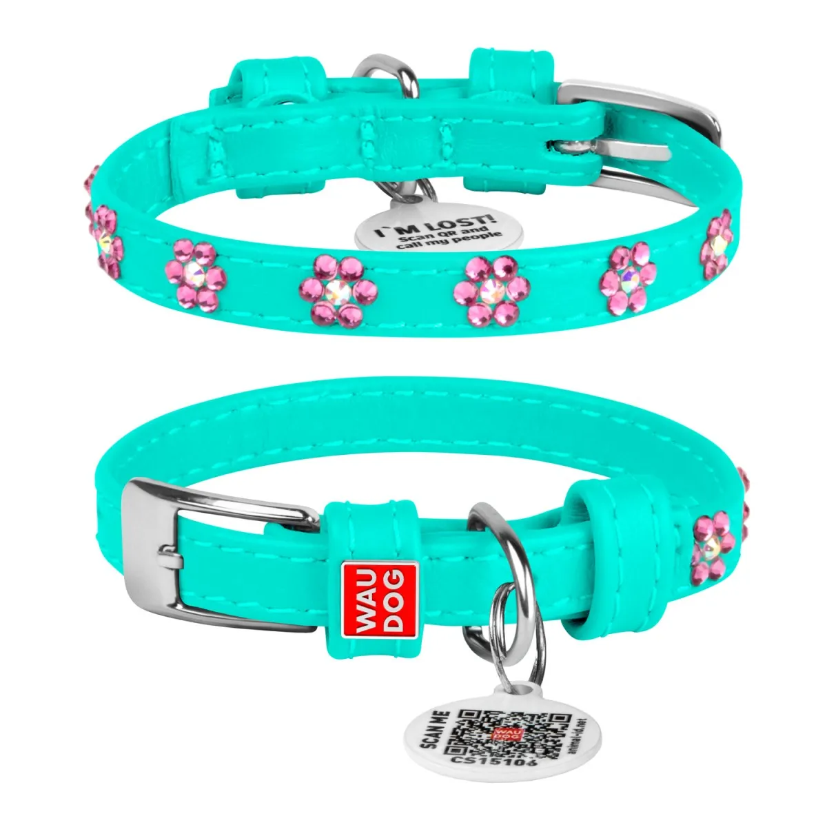 326913 Нашийник WAUDOG Glamour з QR-паспортом, з клей. стразами "Квіти" Ш 12мм Д 18-21см ментоловий