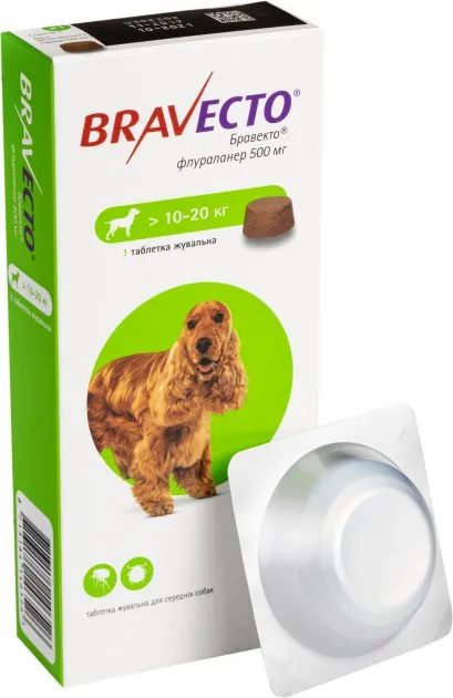 Bravecto (Бравекто) Таблетки жувальні від бліх та кліщів для собак 10-20кг