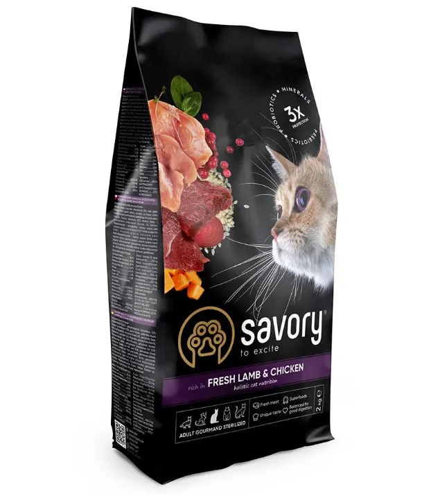 Savory сухий корм для стерилізованих котів ягня/курка 1кг 30129