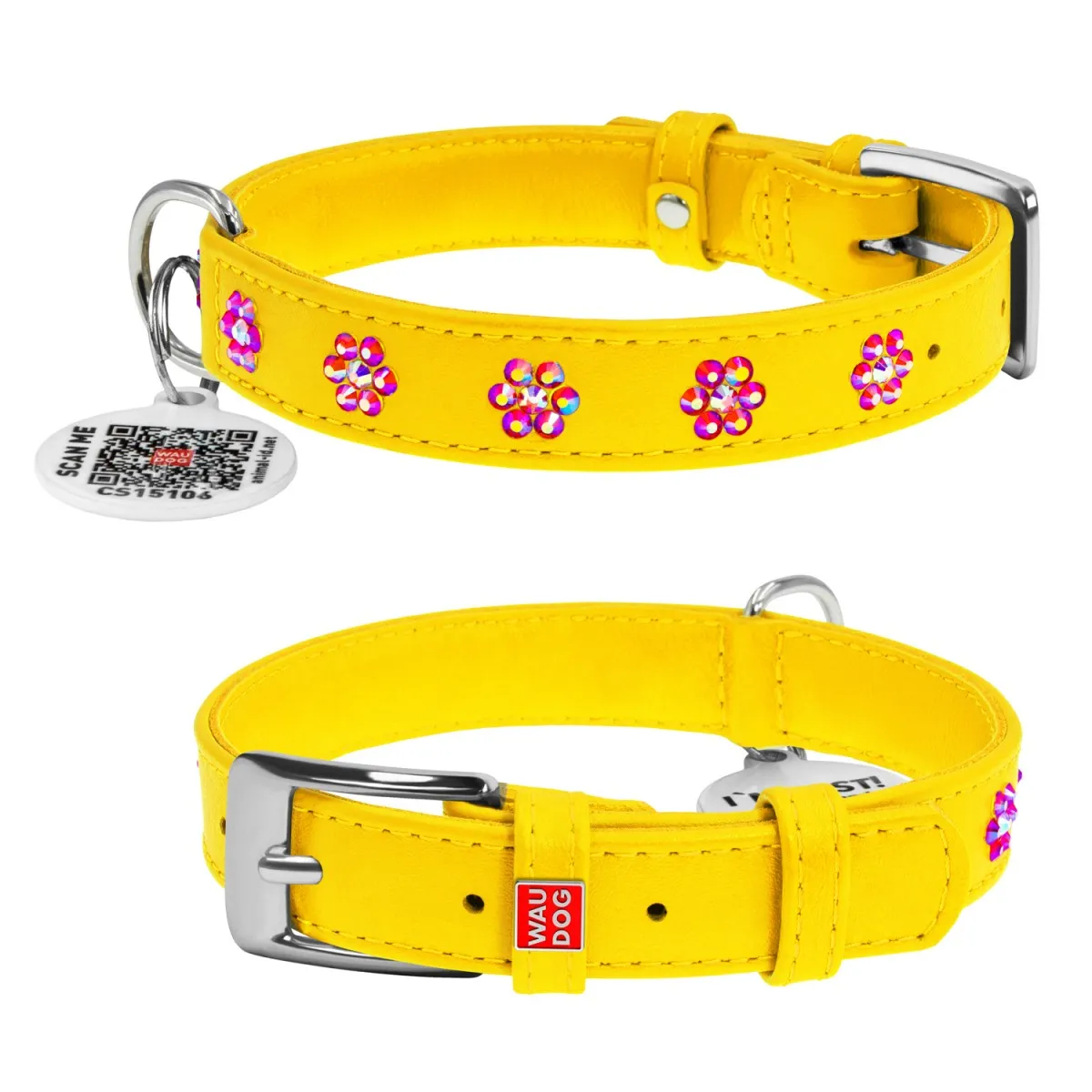 32518 Нашийник WAUDOG Glamour з QR-паспортом, з клей. стразами "Квіти" Ш 9мм Д 18-21см жовтий