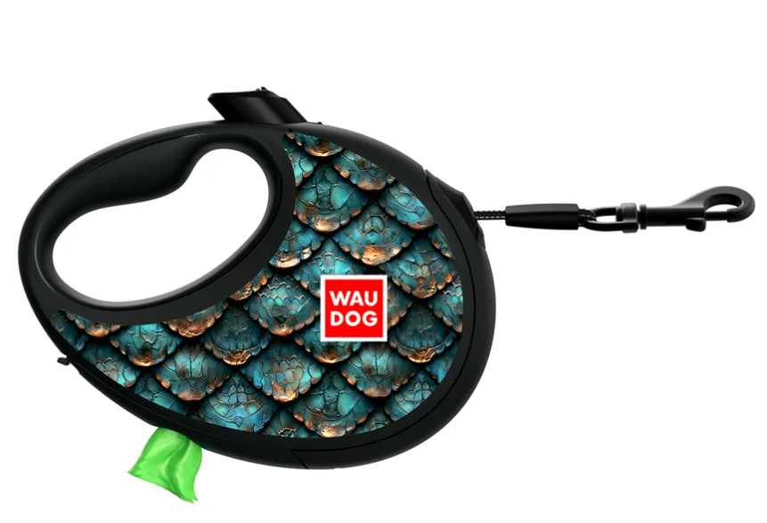 255-0179 Повідець-рулетка WAUDOG R-leash з контейнером для пакетів, малюнок "Луска" S до 12кг, 3м світловідбив. стрічка