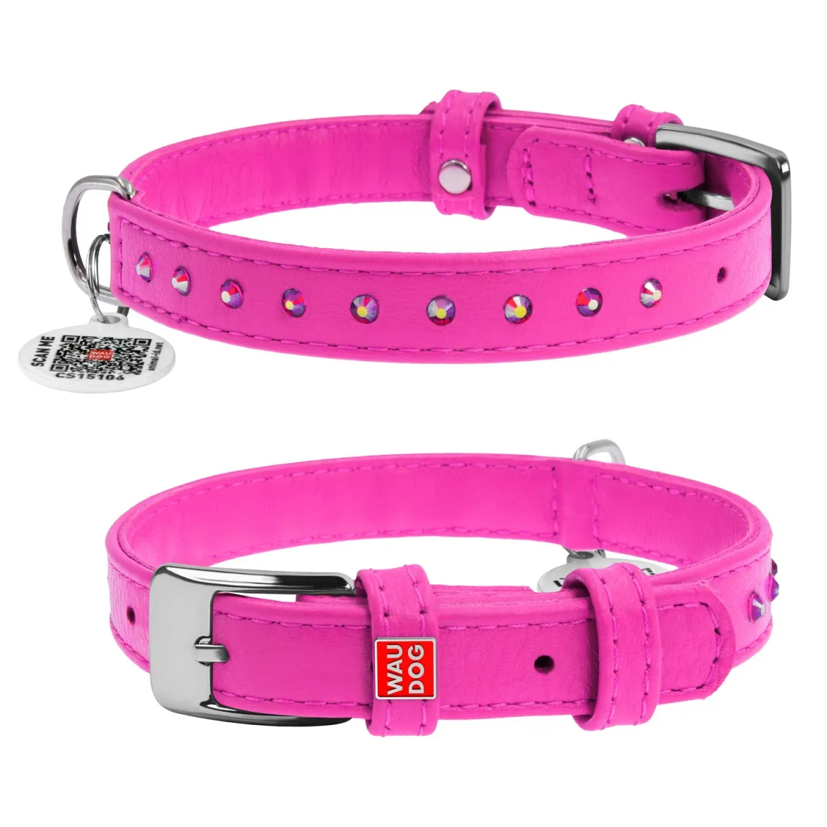 32527 Нашийник WAUDOG Glamour з QR-паспортом шкіряний з клей. стразами Ш 9мм Д 19-25см рожевий