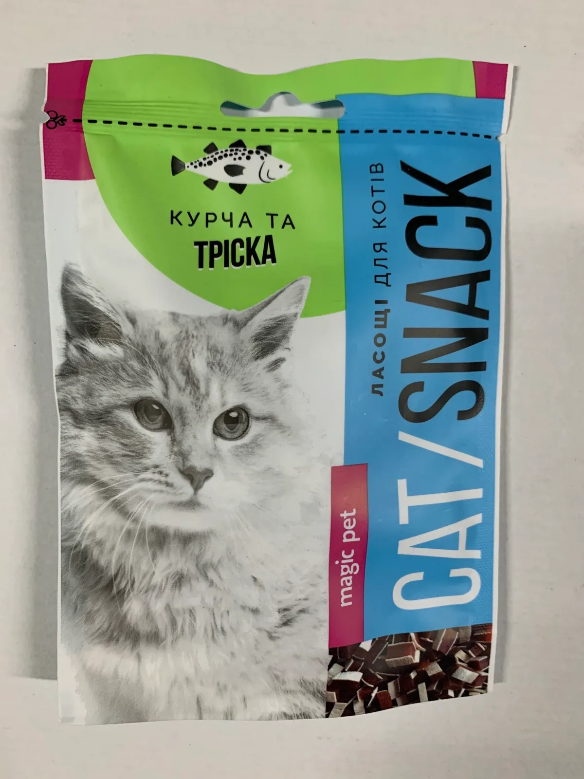 pt57 Шматки сендвіч з м'ясом курки та тріски для котів 50г (Кет Снек)