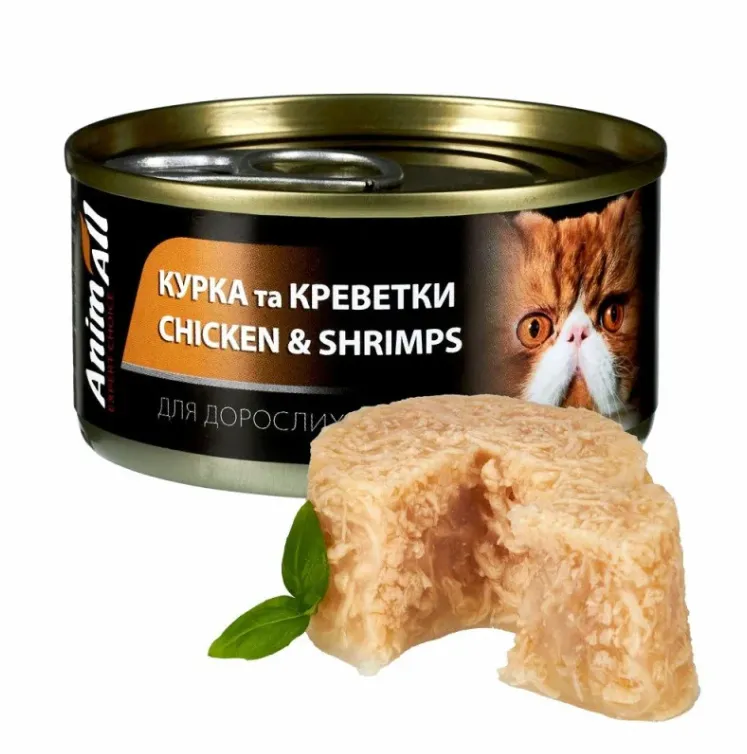 Animall вологий корм для котів, курка з креветками 85г