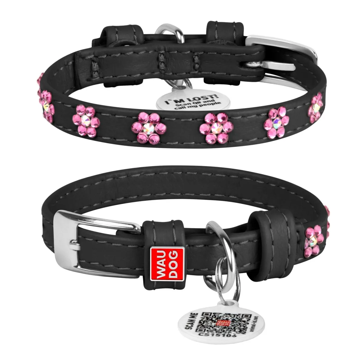 32531 Нашийник WAUDOG Glamour з QR-паспортом з клей. стразами "Квіти" Ш 9мм. Д 19-25см чорний