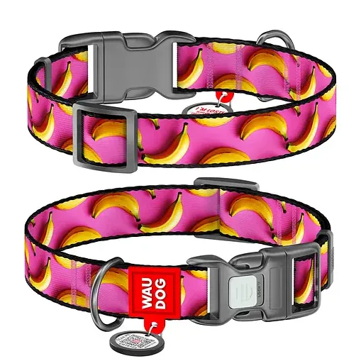 280-4055 Нашийник WAUDOG Nylon з QR паспортом, малюнок "Банани на рожевому", пласт. фастекс S Ш 15мм Д 25-35см