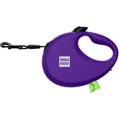 26289 Повідець-рулетка WAUDOG R-leash з контейнером для пакетів, світловідбив. стрічка М до 20кг, 5м фіолетова
