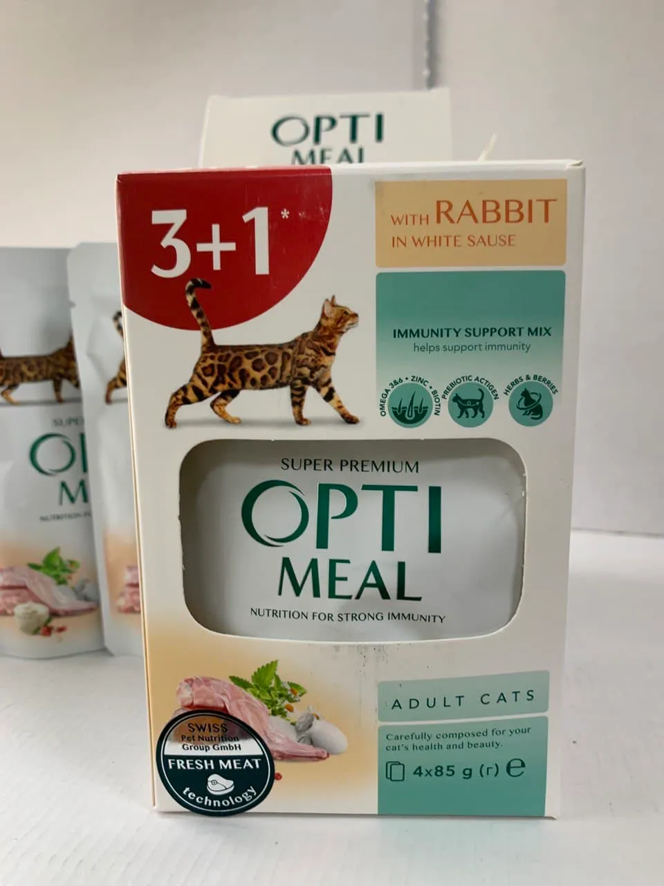 Optimeal+ пауч 85г для котів кролик в біл. соусі (3+1)